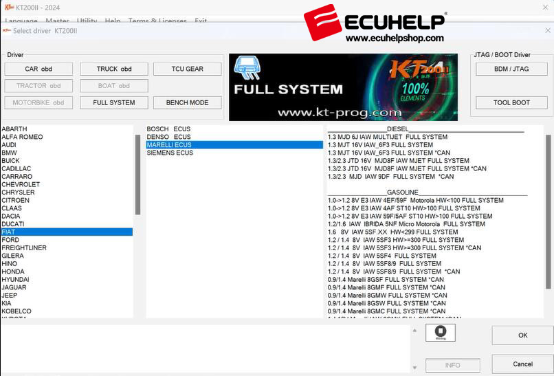 KT200II Update FULL SYSTEM DRIVER FOR MARELLI 8GMC ECU