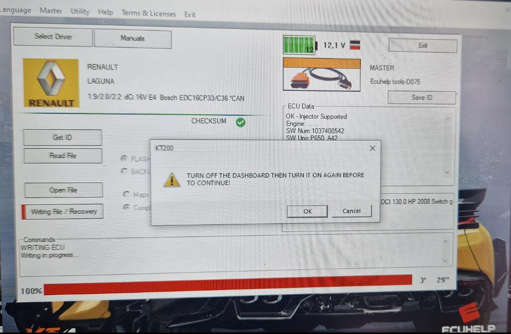 KT200II write Renault edc16c36 via OBD