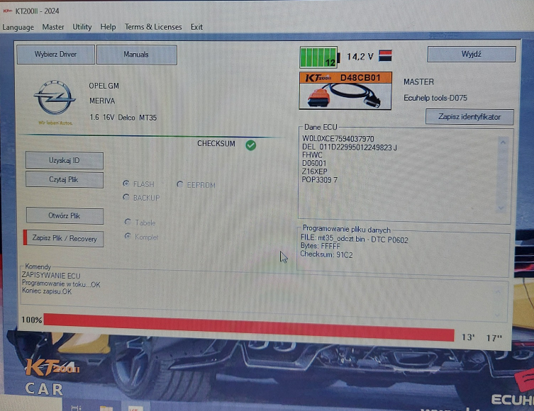 KT200II Write Opel MERIVA 1.6 16V Delco MT35 via OBD